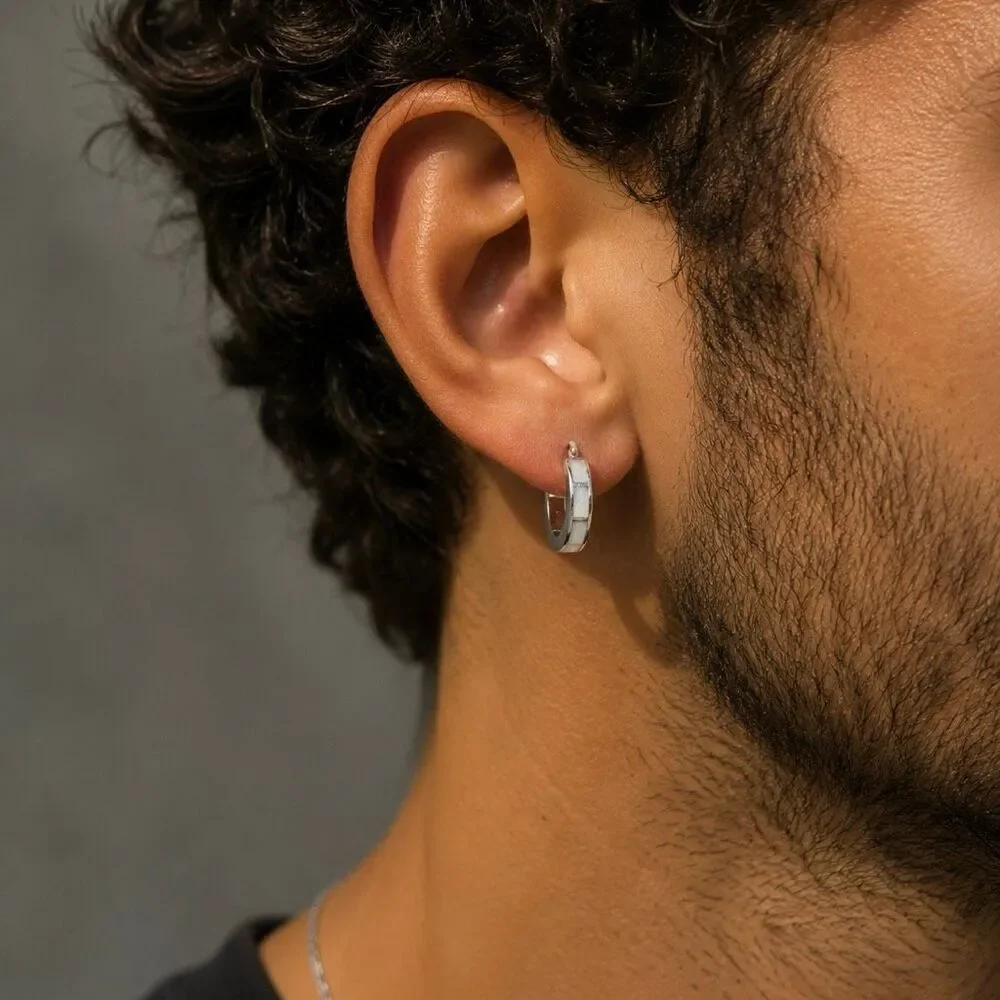 Men’s Faux Opal Inlay Huggies, Silver Tone Finish